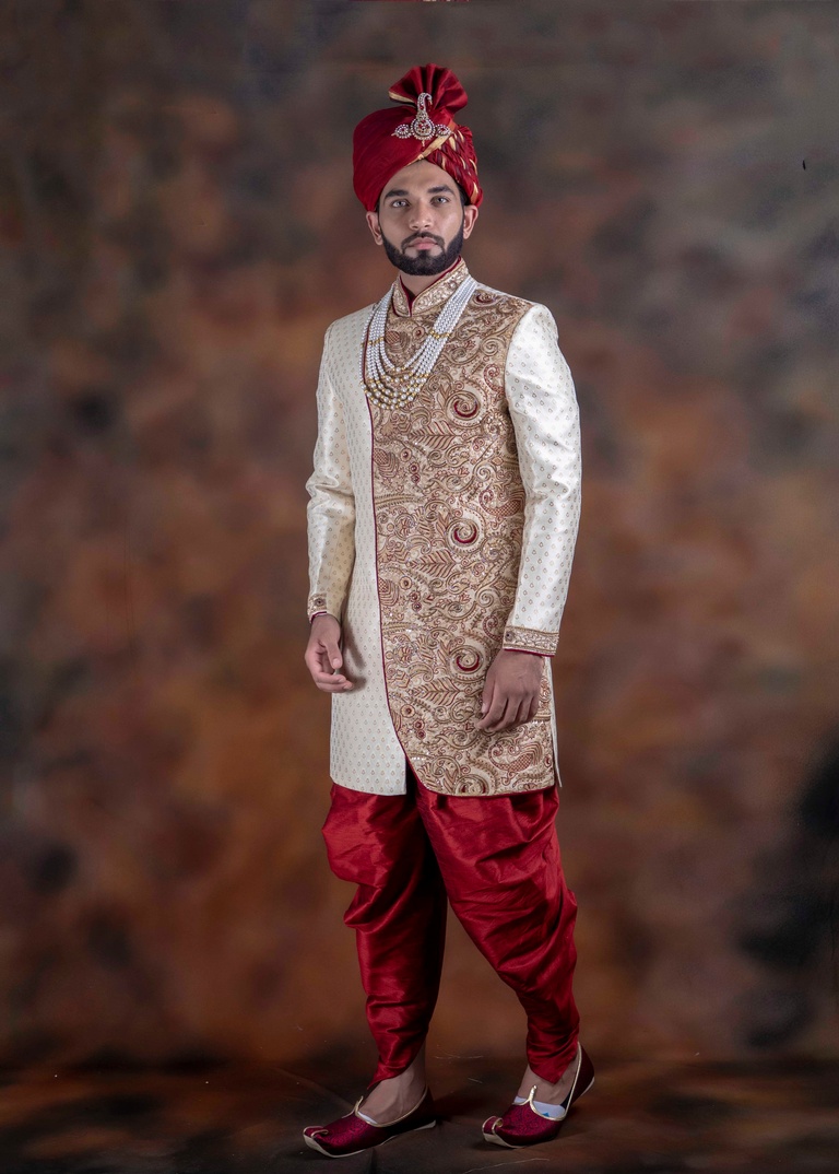 Off White Brocade Silk King Look Designer Sherwani