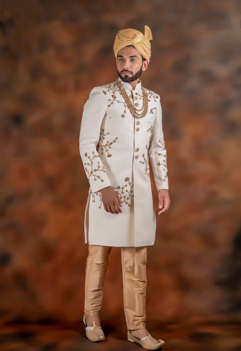 Imported Fabric Rich Handwork Off White Wedding Sherwani