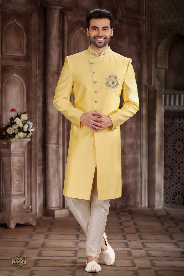 Yellow Color Art Silk Indo Western Sherwani With Handwork Touch Up