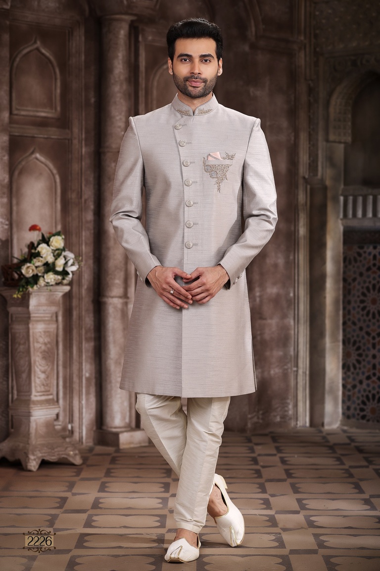 Gray Color Art Silk Indo Western Sherwani With Handwork Touch Up