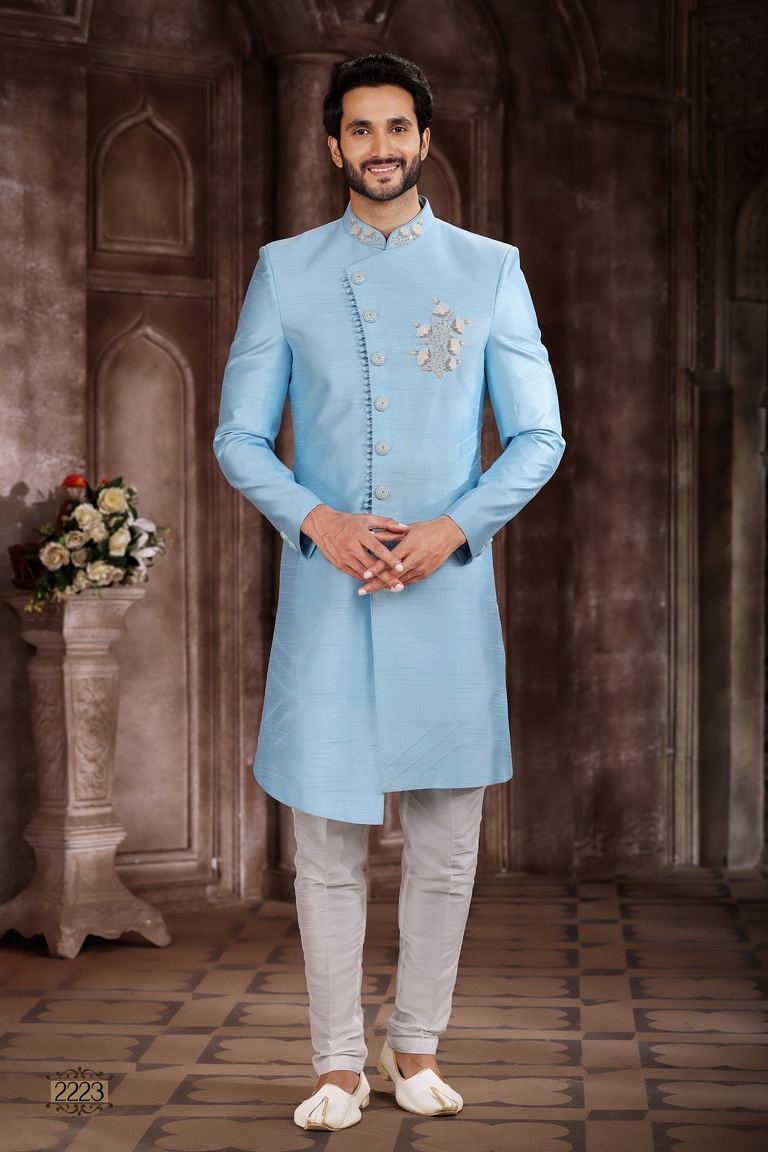 Sky Blue Indo Western Sherwani With Handwork Touch Up