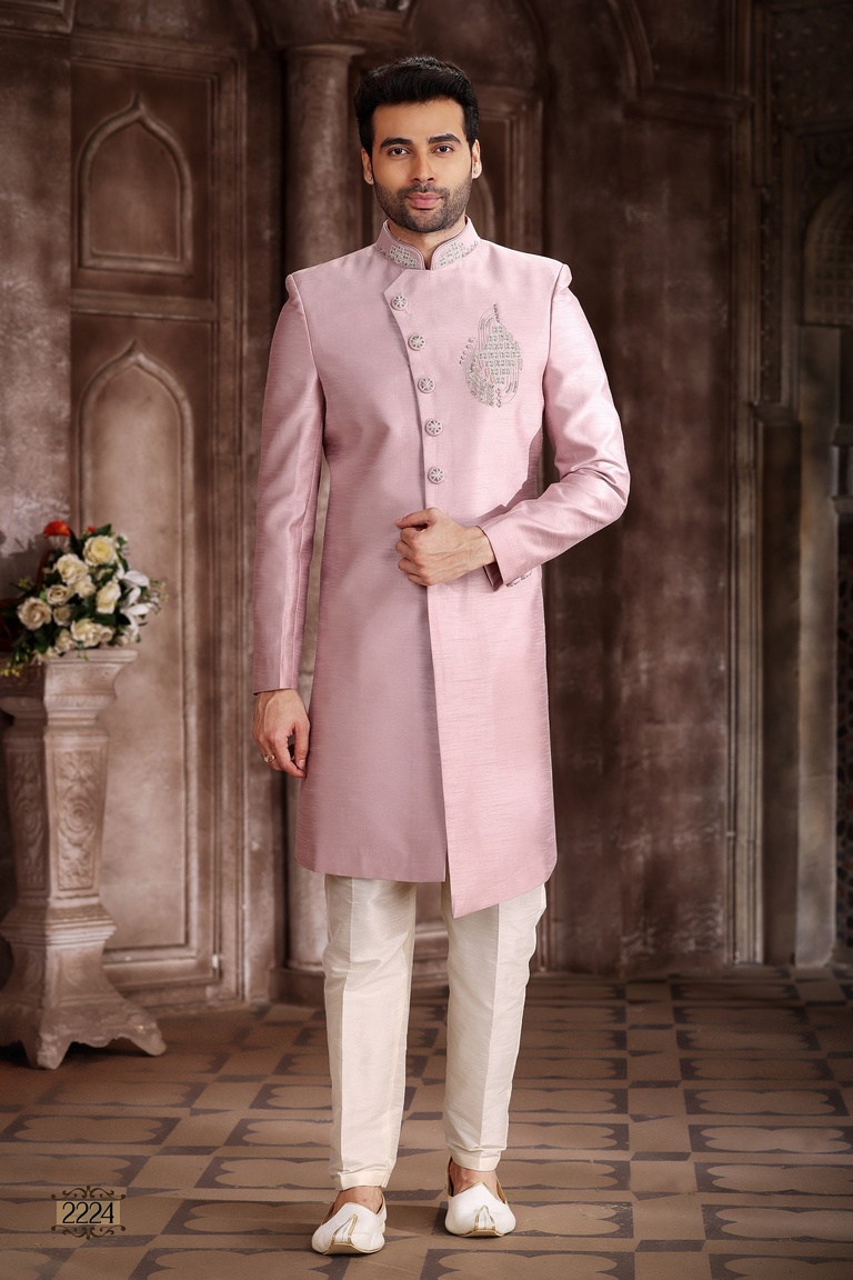 Art Silk Onion Color Indo Western Sherwani With Handwork Touch Up