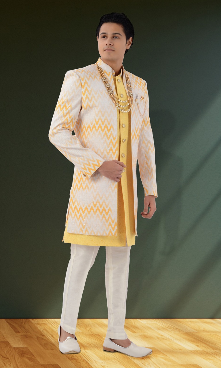 Haldi Ceremony Yellow White Jacket Style Sherwani