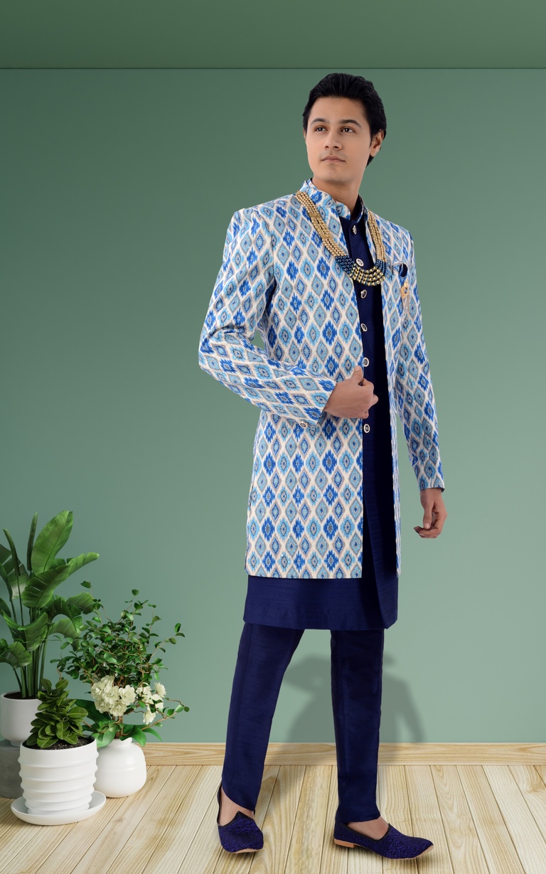 Lucknowi With Tikki Work Blue Color Jacket Style Sherwani