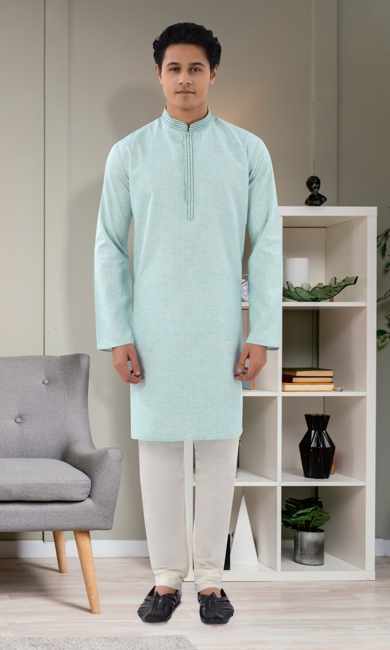 Mint Green Color Cotton Kurta Pajama For Men