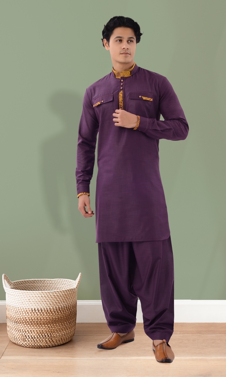 Perfect Purple Color Cotton Pathani Suit For Eid