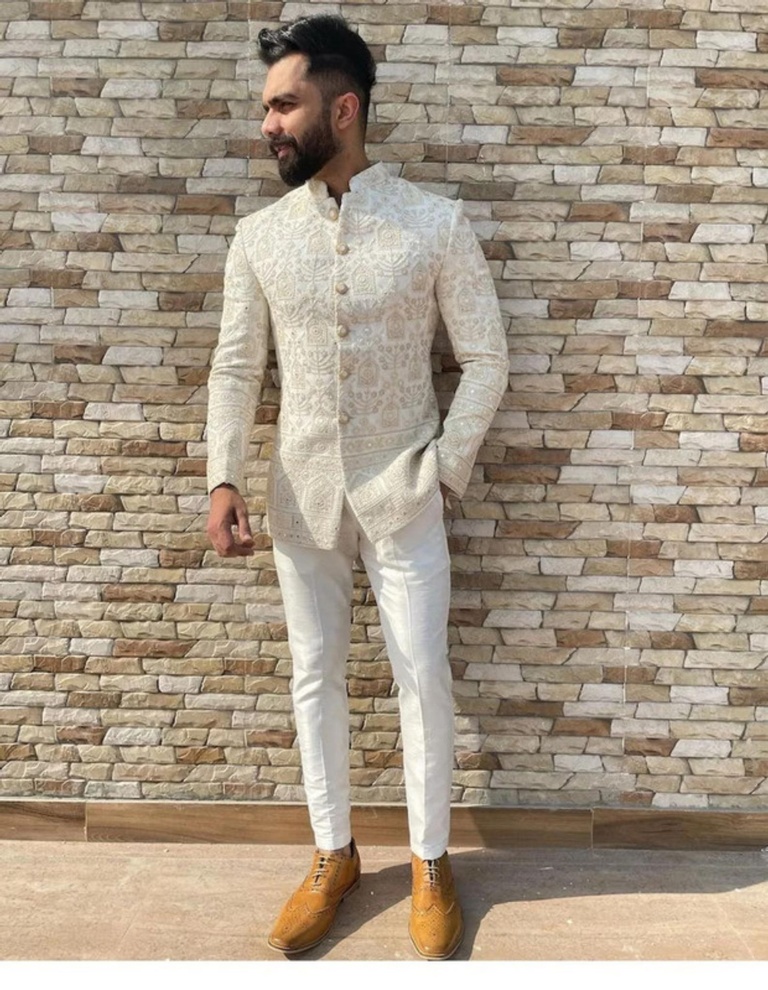 Cream Color Pure Georgette Fabric Jodhpuri Suit With Work