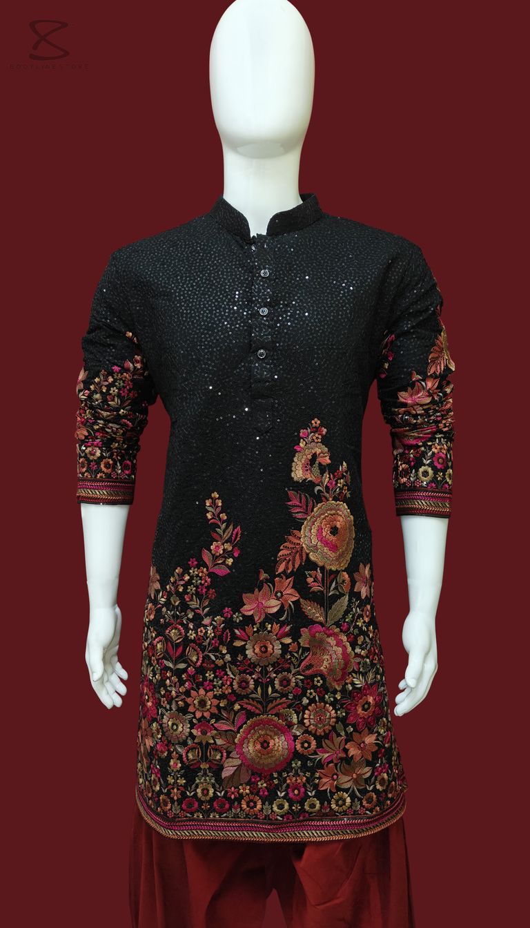 Beautiful Floral Print And Tikki Work Black Kurta Set