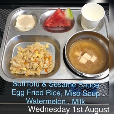 Soft Tofu Sesame Sauce Egg Fried Rice Miso Soup Watermelon Milk at First Roots Early Education Academy