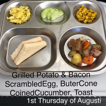 Grilled Potato Bacon Scrambled Egg Butter Corn Coined Cucumber Toast - First Roots Early Education Academy