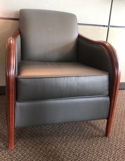 Used Patrician Club Chair with Wood Arms - Gray Vinyl Upholstery 
