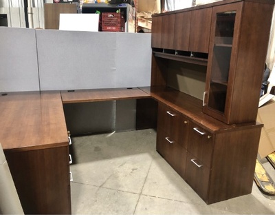 Used U-Shape Desk Unit with Credenza and Hutch - Light Cherry Wood