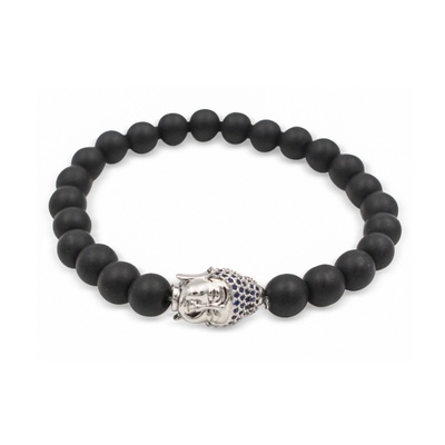 Matte Black Agate Bracelet with Buddha Charm - Silver