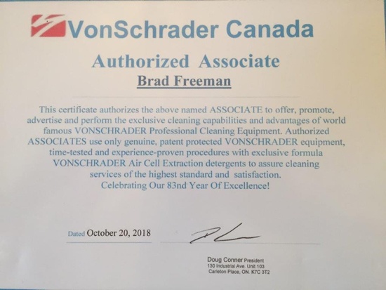 VonSchrader Authorized Associate Certificate for Brad Freeman - Carpet Cleaning Chilliwack