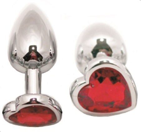 Jeweled Butt Plug, Stainless Steel Heart, Small, Red