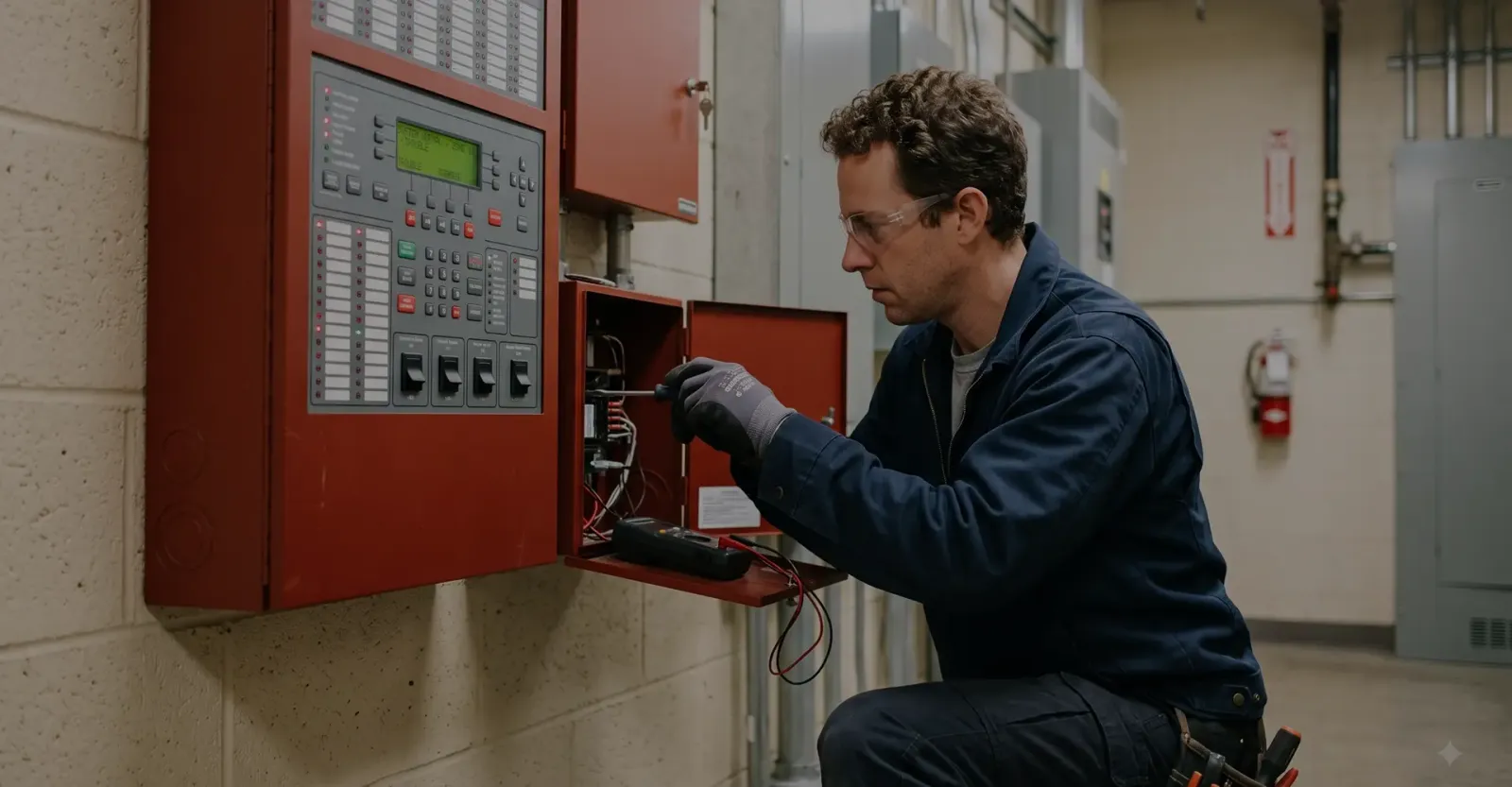Fire protection company in Toronto inspecting commercial fire alarm system