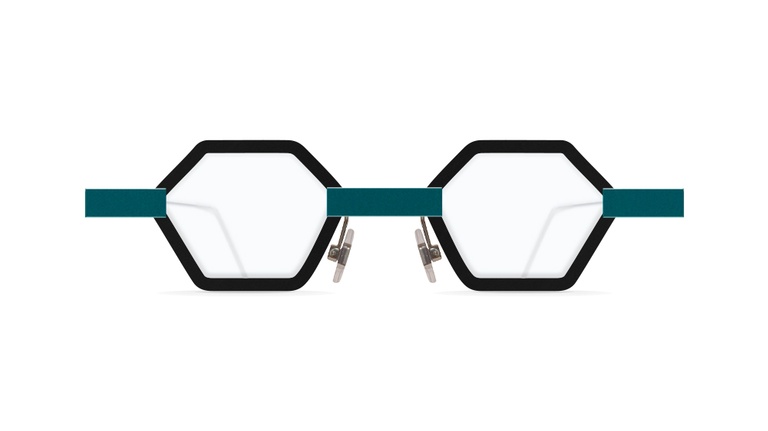 Vancouver, BC Nina Mûr Quantum Hexagon Black Blue Steel Wood Eyewears at Niche Eyewear Boutique Eyeglass & Sunglass Store