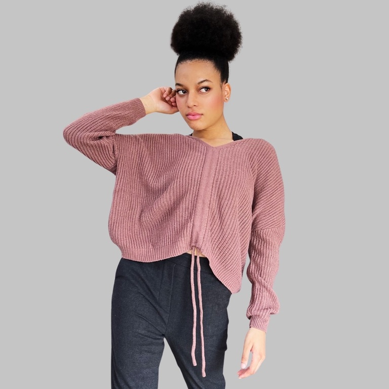 Drawstring Front V Neck Sweater by LADYCHICK Gorgeously Strong, Online Clothing Store in Canada