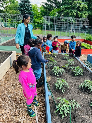 Little gardeners learning to support plants at HIDE ‘n' SEEK DAYCARE - Licensed Childcare Center in Brampton