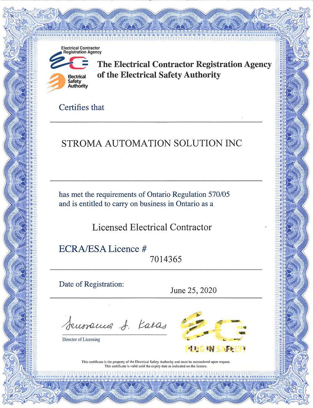 Stroma Automation Solutions Inc. - Licensed Electrical Contractors Certification