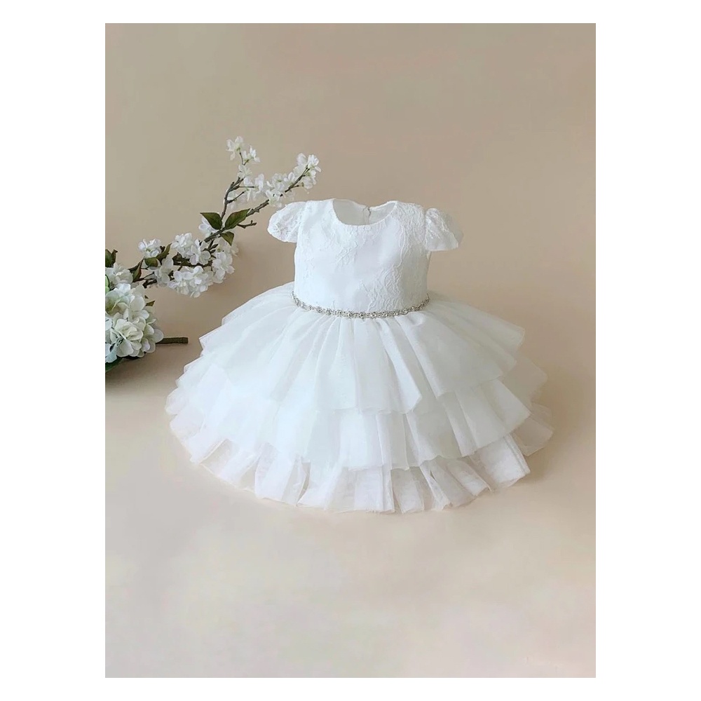 BABY GIRL LACE BODICE WITH CAP SLEEVES AND LAYERED TULLE BOTTOM - B87