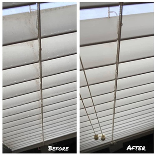 Before and after Window Blind Cleaning done by Gold Standard Cleaning Co.