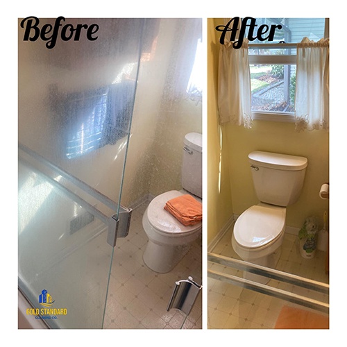 Before and after cleaning for shower galssby Gold Standard Cleaning Co.