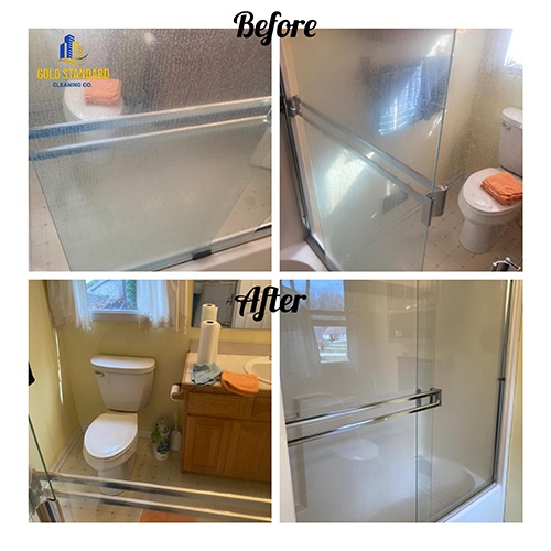 Cleaning of the toilet glass doors in a residential building done by Gold Standard Cleaning Co.