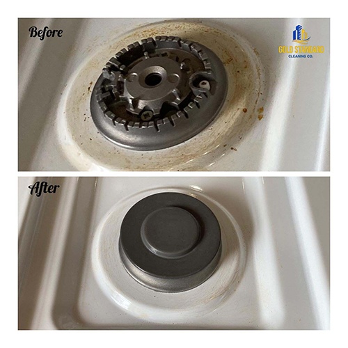 Before and after cleaning Gas Stove done by Gold Standard Cleaning Co.
