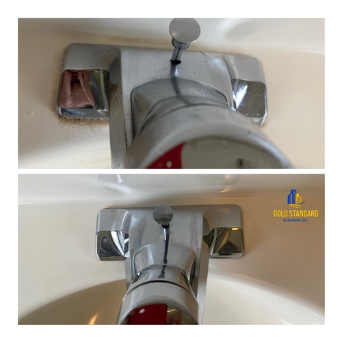Hard water stain removed from bathroom sink faucet by professional cleaners of Gold Standard Cleaning Co.