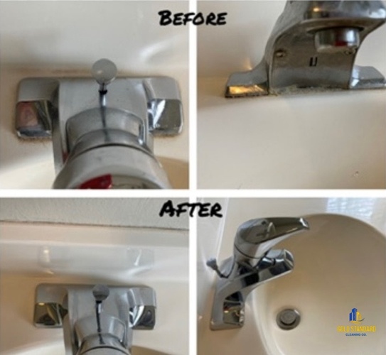 Before and after Bathroom sink faucet Cleaning done by Gold Standard Cleaning Co.