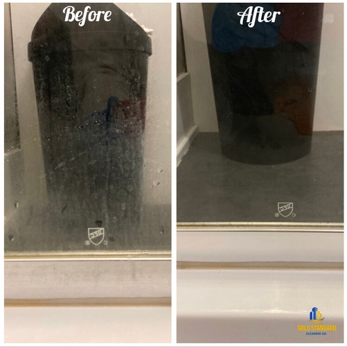 Before and After bathroom mirror cleaning done by Gold Standard Cleaning Co.