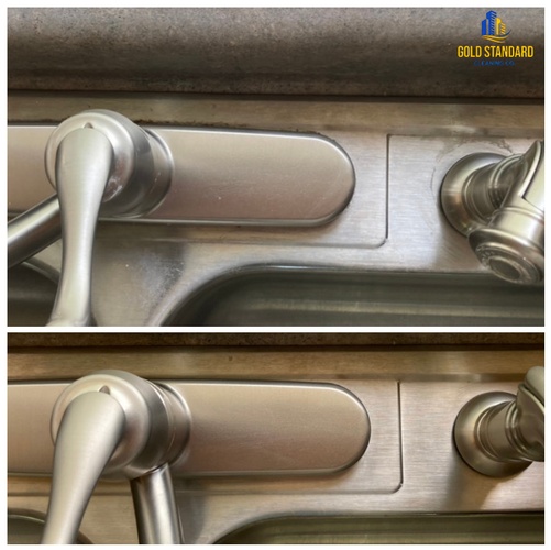 Cleaning of the pipes and kitchen sink faucet by Gold Standard Cleaning Co.