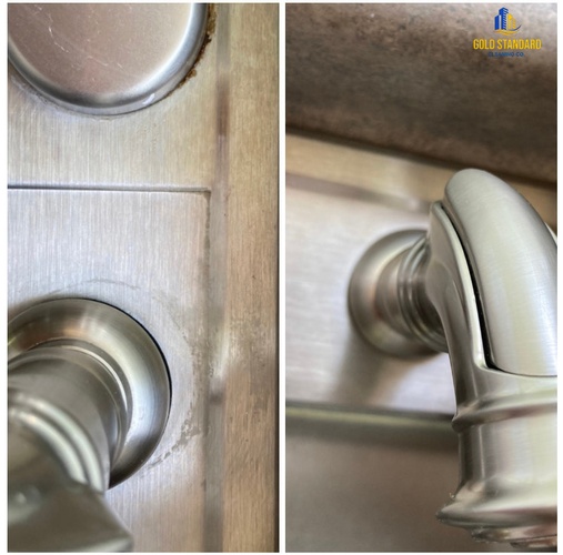 Cleaning of the kitchen sink faucet by removing hard water stains done by Gold Standard Cleaning Co.