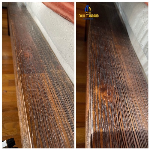 Before and after cleaning done for the wooden floor by Gold Standard Cleaning Co.