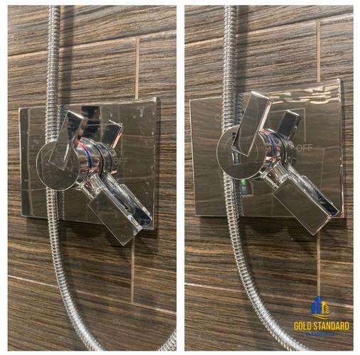 Cleaning of bathroom shower controller done by Gold Standard Cleaning Co.