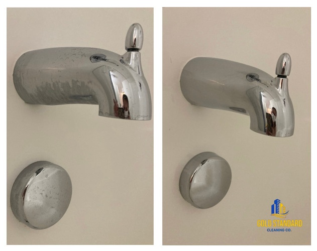 Hard water stain removal done for bathroom shower faucet by Gold Standard Cleaning Co.
