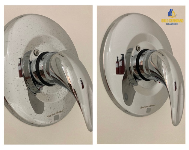 Hard water stain removal done for bathroom shower faucet by Gold Standard Cleaning Co.