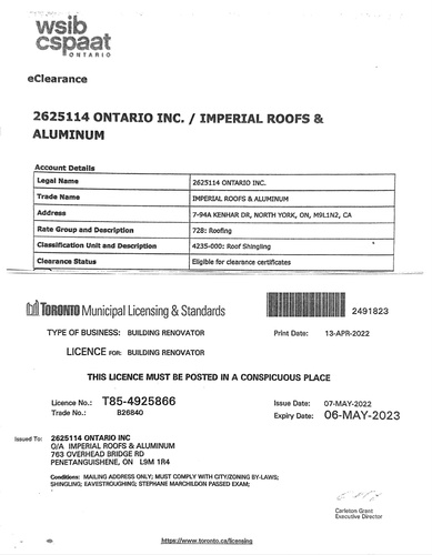 Imperial Roofs and Aluminum is Certified by Toronto Municipal Licensing and standards