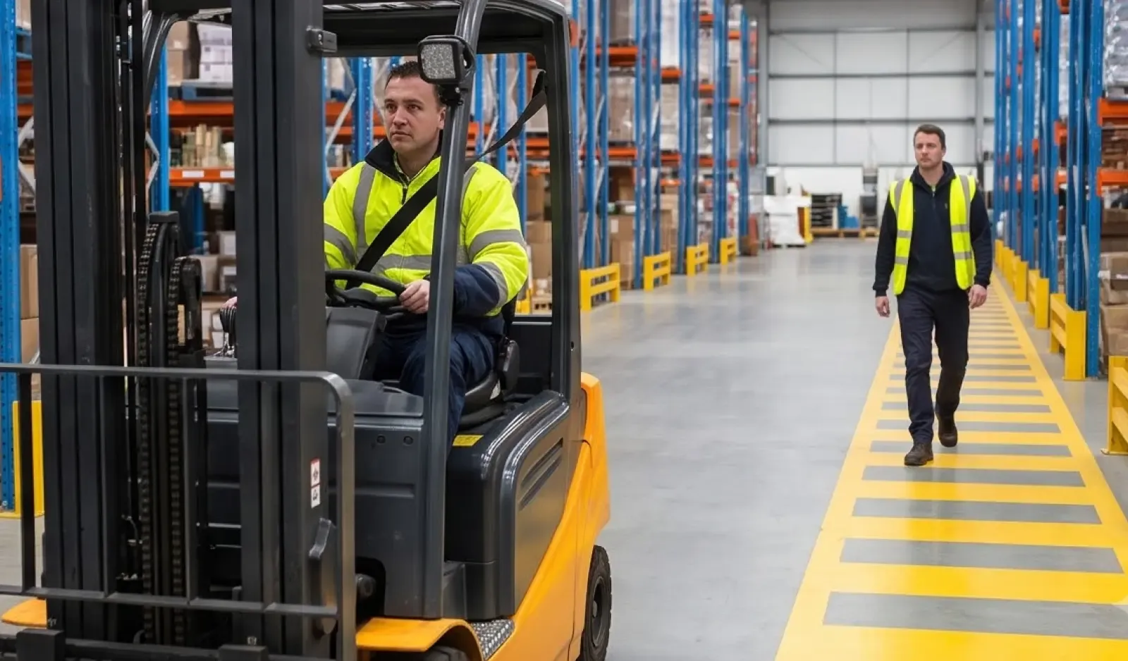 Two industrial workers reviewing safety plans with a health and safety consultant in Mississauga.