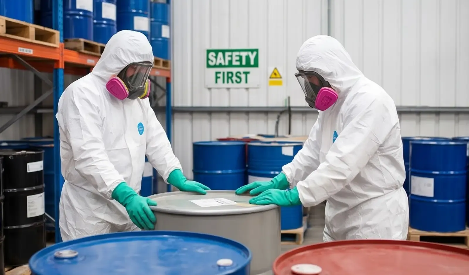 Industrial workers reviewing safety plans with a Kitchener health and safety consultant in Kitchener.
