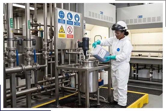 Two industrial workers reviewing safety documentation with support from a Mississauga health and safety consultant