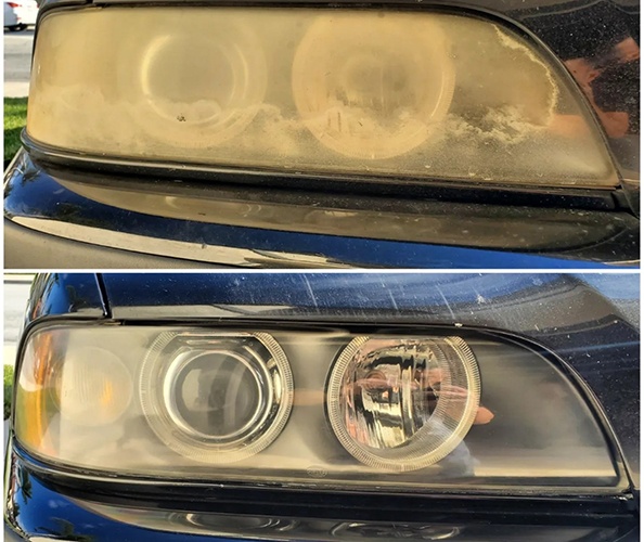 Car Passion Detailing completed a professional headlight restoration from yellow to gleaming clear.