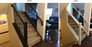 Revitalize worn stair railings with Expert Wood Refinishing Services offered by Element Painting Inc.