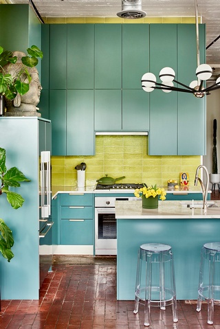 Beautifully designed kitchen interior in Reynoldstown showcasing blue and yellow hues by Beauty Is Abundant