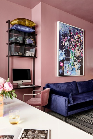 Elegant and modern pink-themed office interior in Midtown showcasing Beauty Is Abundant's creativity