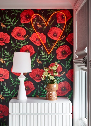 Charming and captivating rose-themed wallpaper interior design in Inman Park by Beauty Is Abundant