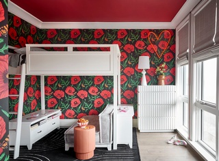 Stunning rose-inspired wallpaper bedroom interior design in Inman Park by Beauty Is Abundant