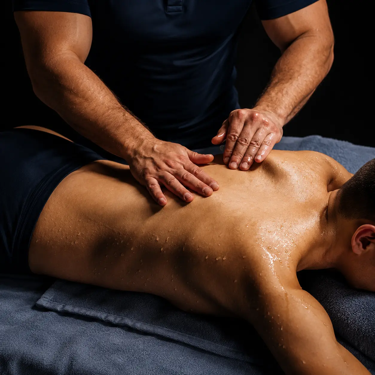 Sports massage therapist performing a back massage to relieve tension.
