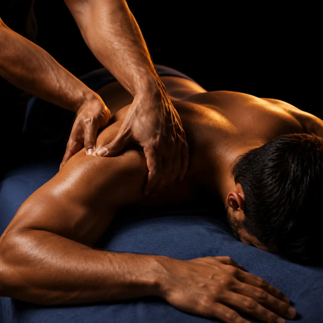 Licensed massage therapist treating the rotator cuff during a shoulder massage in NYC at Elite Healers, 120 East 56th Street, Suite 420